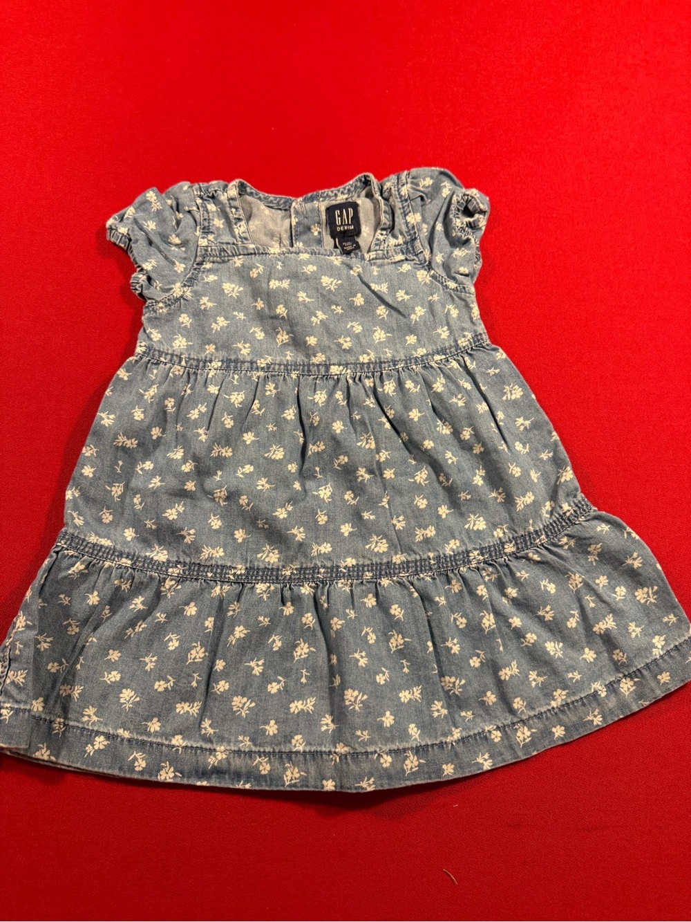 GAP Blue denim Floral Chambray Tiered Dress 12-18 months 100% cotton